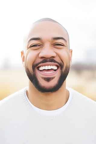 Man in white shirt smiling outside